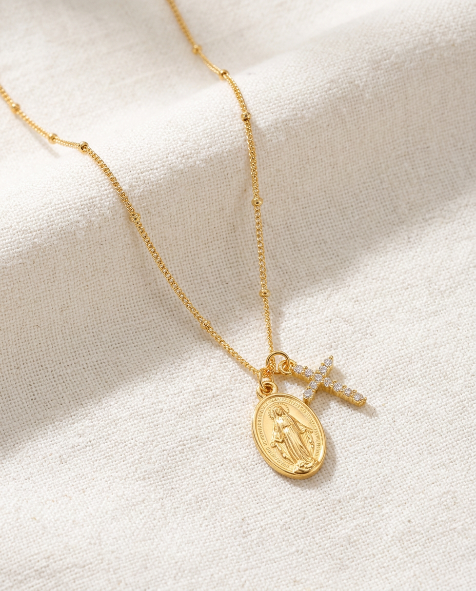 Collana con medaglia miracolosa e croce tempestata (Placcata in Oro 18)