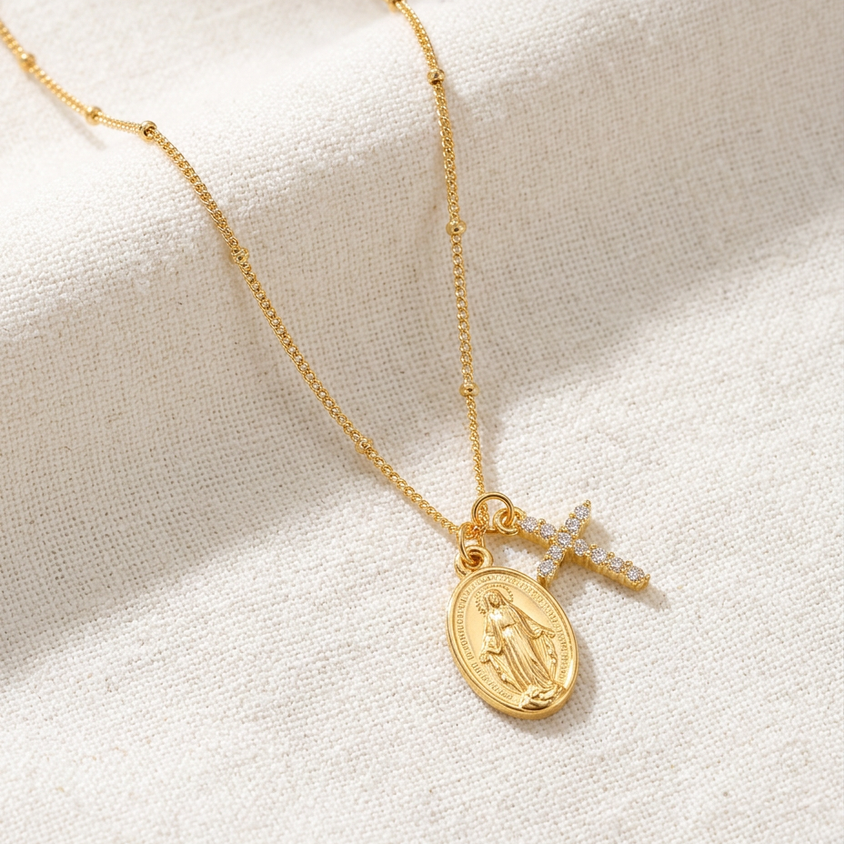 Collana con medaglia miracolosa e croce tempestata (Placcata in Oro 18)