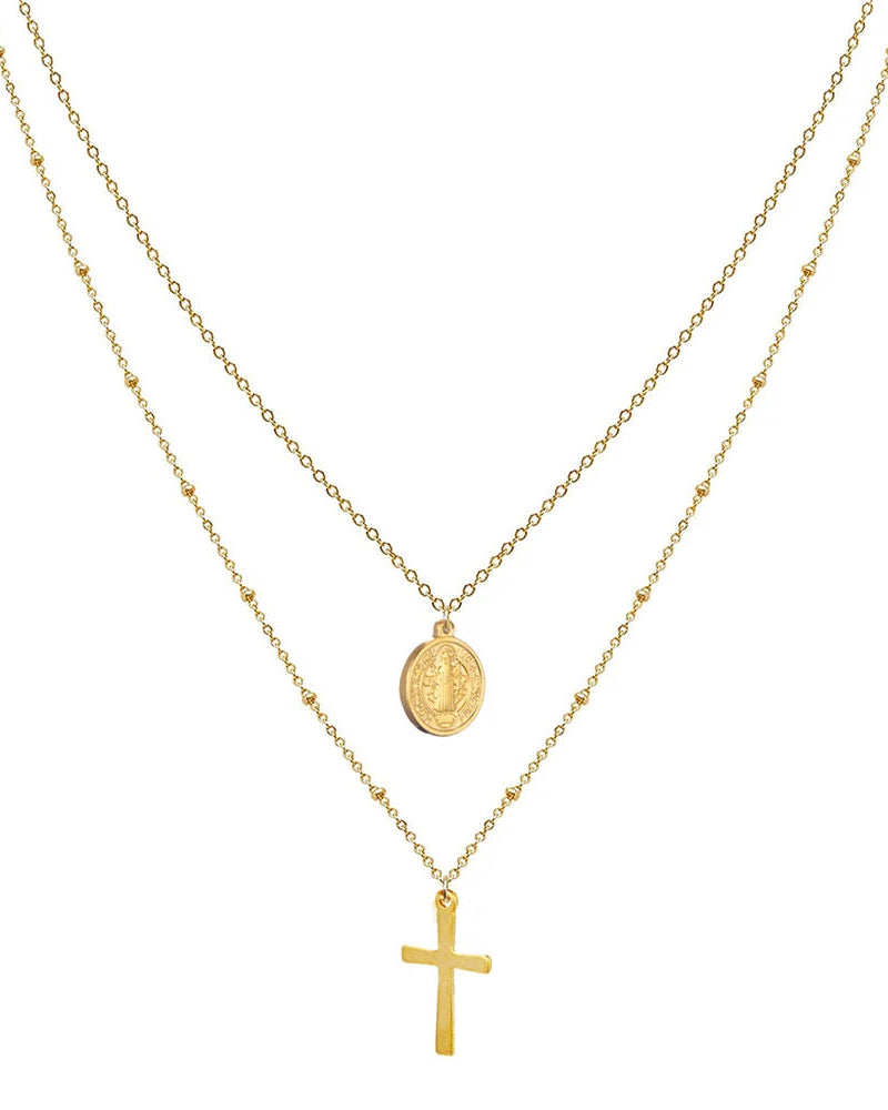 Collana Doppia con Medaglia Della Vergine Maria e Croce (Placcata in Oro)