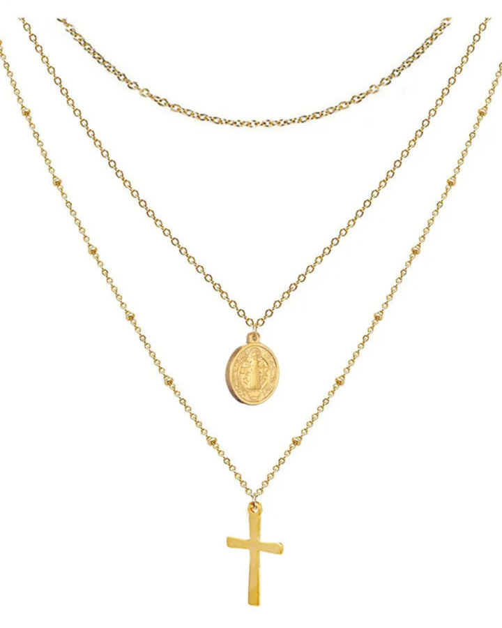 Collana Doppia con Medaglia Della Vergine Maria e Croce (Placcata in Oro)
