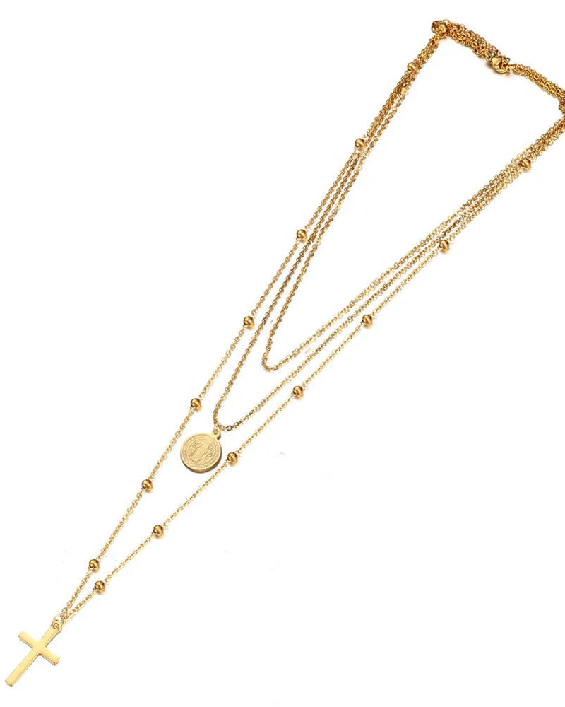 Collana a Tre Fili con Medaglia Della Vergine Maria e Croce (Placcata in Oro)