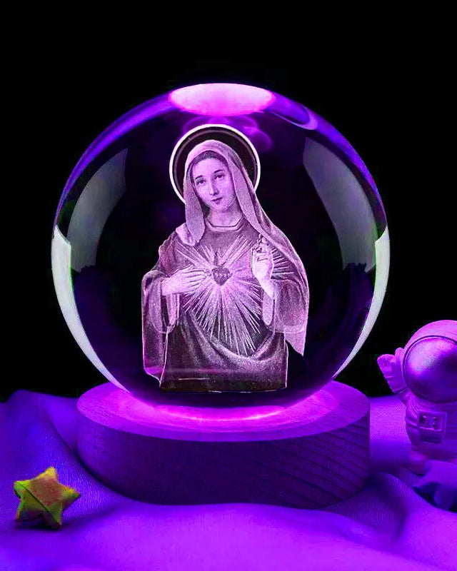 Sfera di Cristallo 3D Sacro Cuore di Maria con Base Illuminata