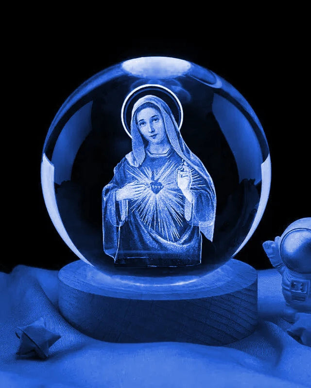 Sfera di Cristallo 3D Sacro Cuore di Maria con Base Illuminata