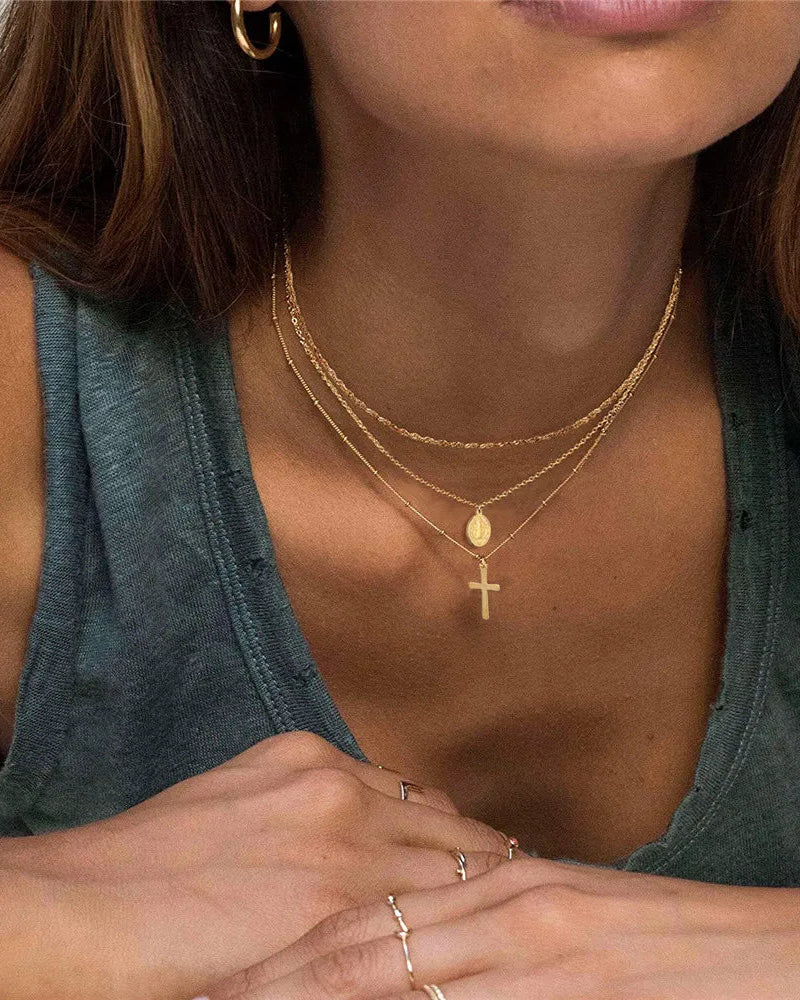 Collana Doppia con Medaglia Della Vergine Maria e Croce (Placcata in Oro)