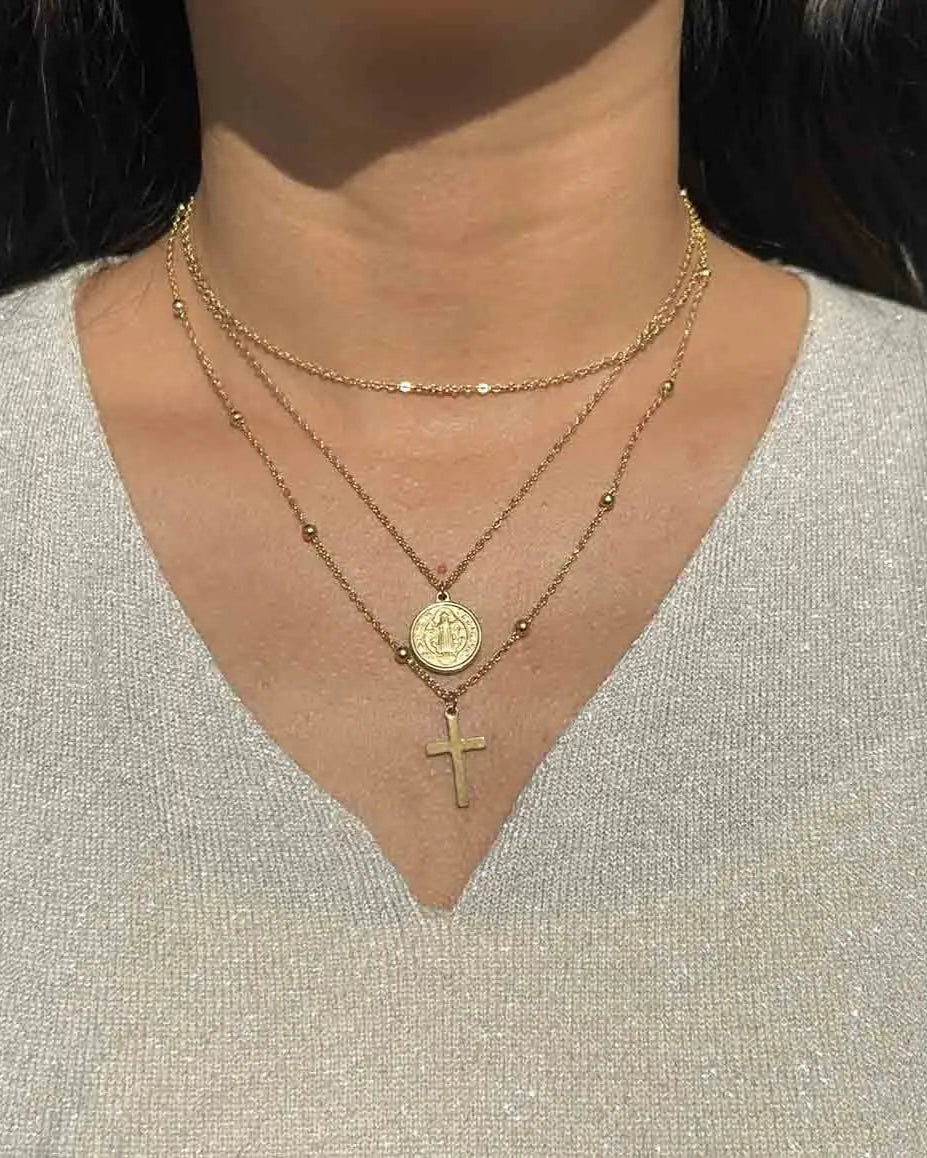 Collana Doppia con Medaglia Della Vergine Maria e Croce (Placcata in Oro)