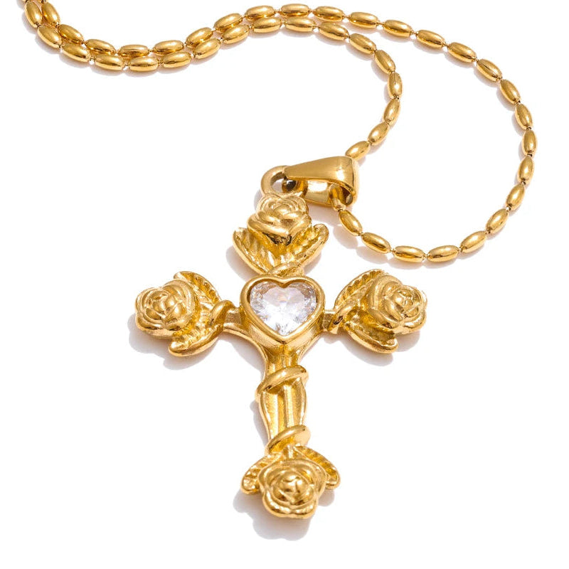 Collana con Croce Rose e Cuore (Placcata in Oro)