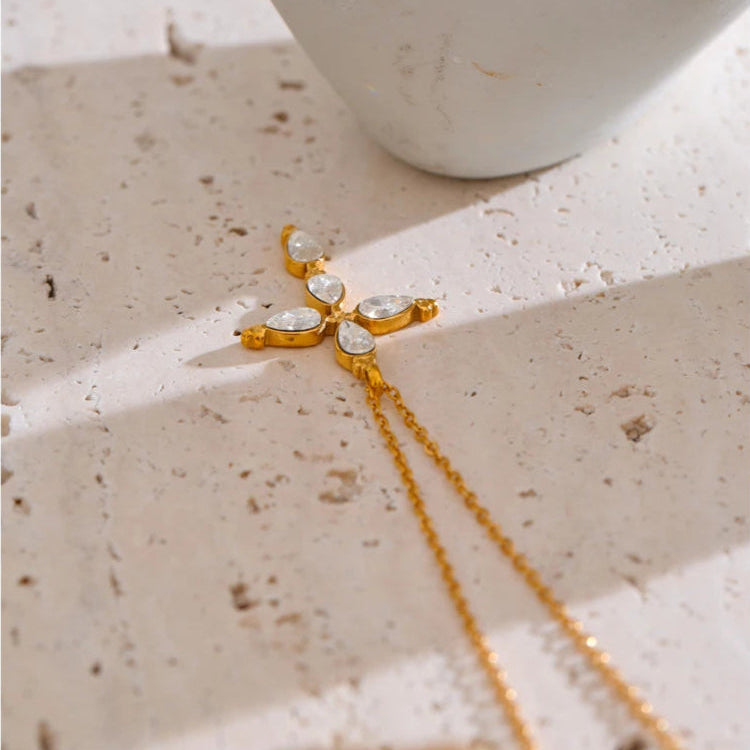 Klassische Kreuz-Halskette mit Tropfenkristallen (18K vergoldet)