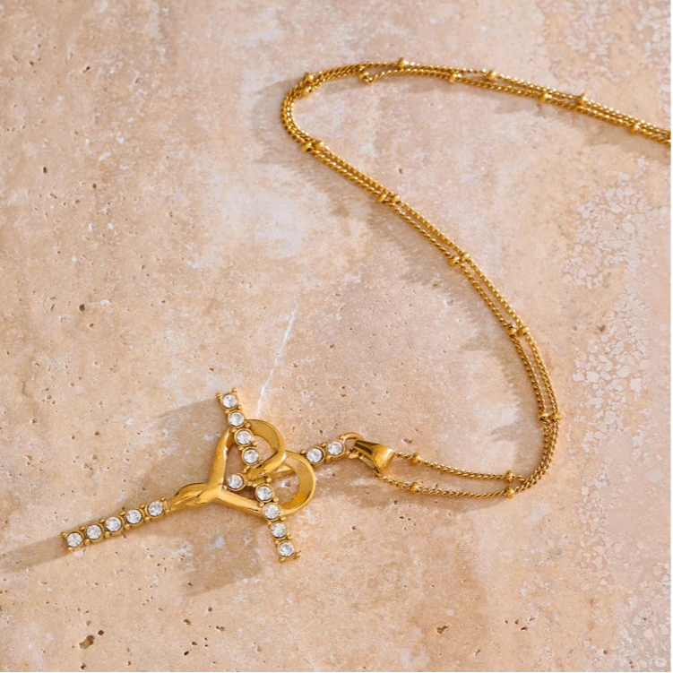 Collana Fede con Croce e Cuore Borchiato (Placcata in Oro)