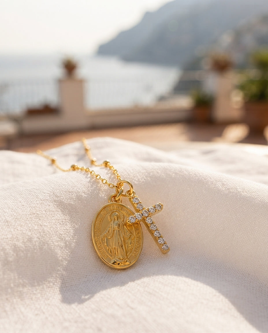 Collana con medaglia miracolosa e croce tempestata (Placcata in Oro 18)