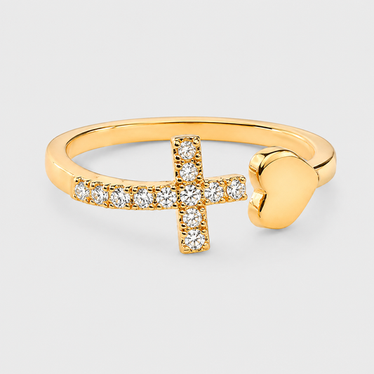 Anello Croce e Cuore (Placcato in Oro)