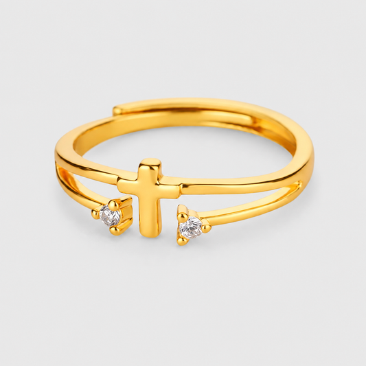 Anello Croce e Due Zirconi (Placcato in Oro)