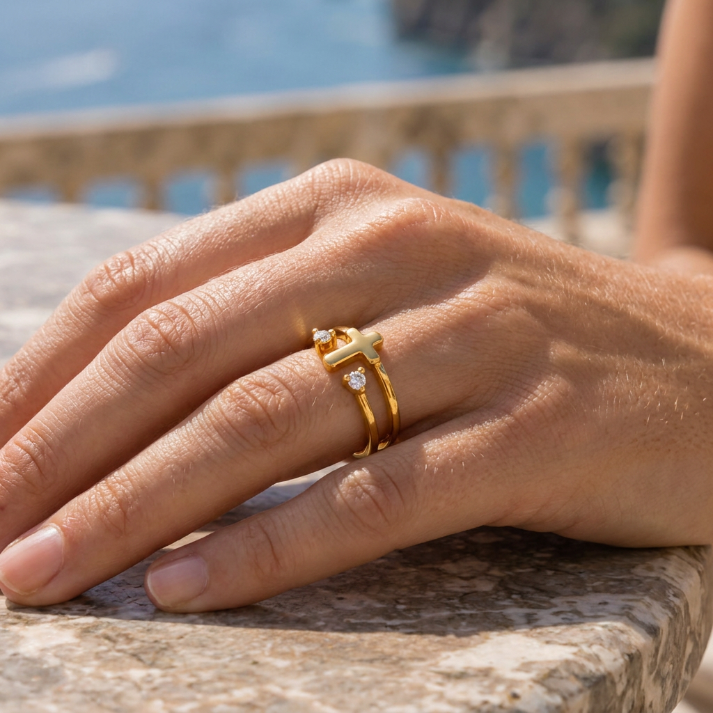 Anello Croce e Due Zirconi (Placcato in Oro)
