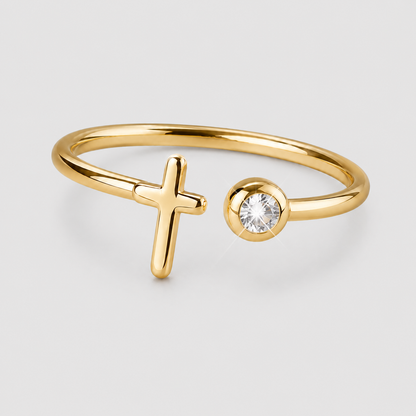 Anello Croce e Zircone Solitario (Placcato in Oro)