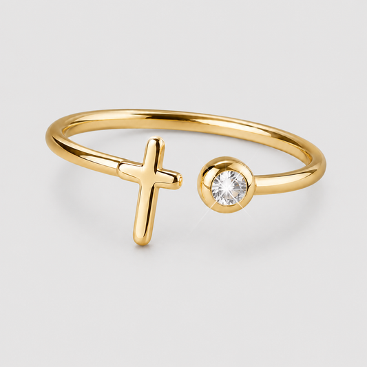 Anello Croce e Zircone Solitario (Placcato in Oro)