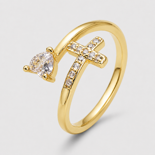 Anello Croce e Zircone a Cuore (Placcato in Oro)