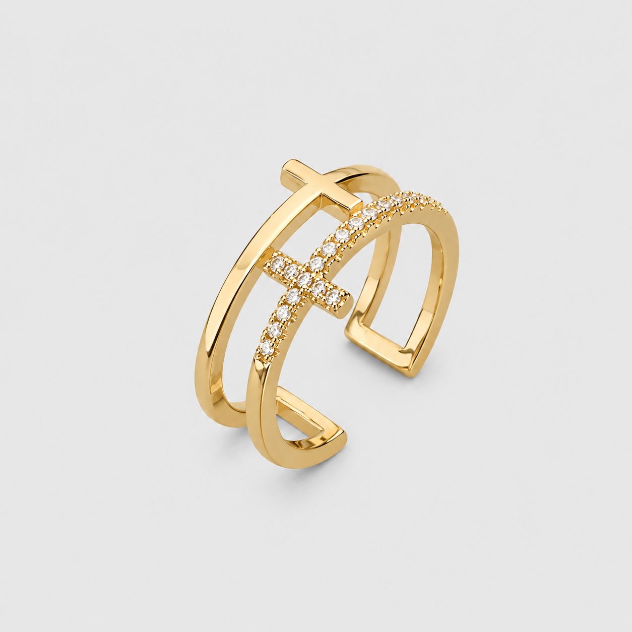 Anello Doppia Fascia con Due Croci (Placcato in Oro)