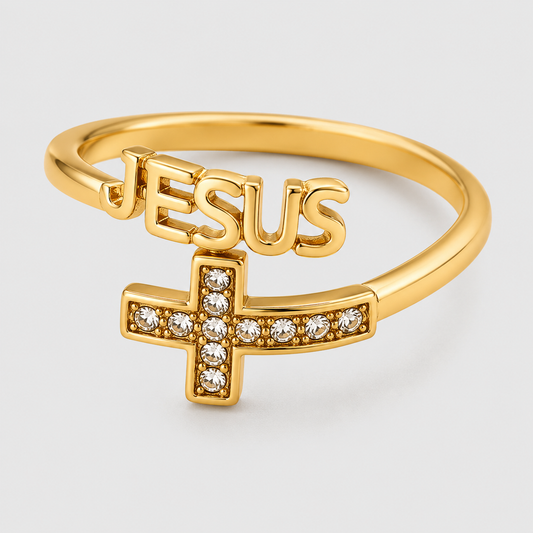 Anello Jesus con Croce di Cristalli (Placcato in Oro)