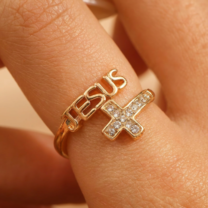 Anello Jesus con Croce di Cristalli (Placcato in Oro)