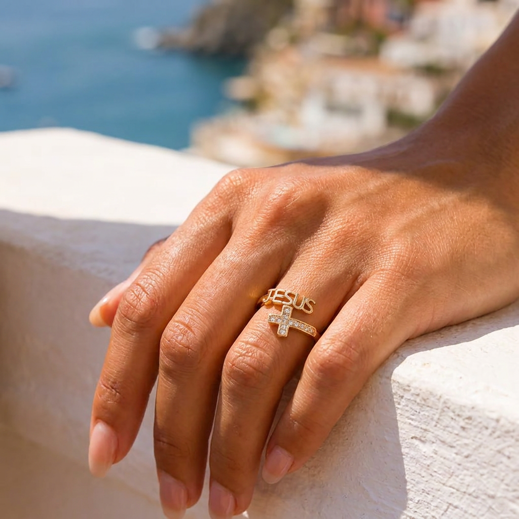 Anello Jesus con Croce di Cristalli (Placcato in Oro)