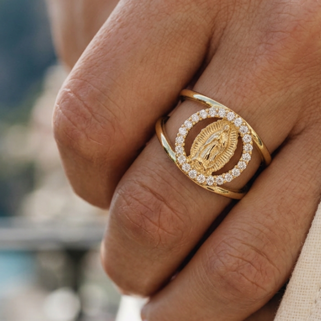 Anello Madonna con Aureola di Cristalli (Placcato in Oro)