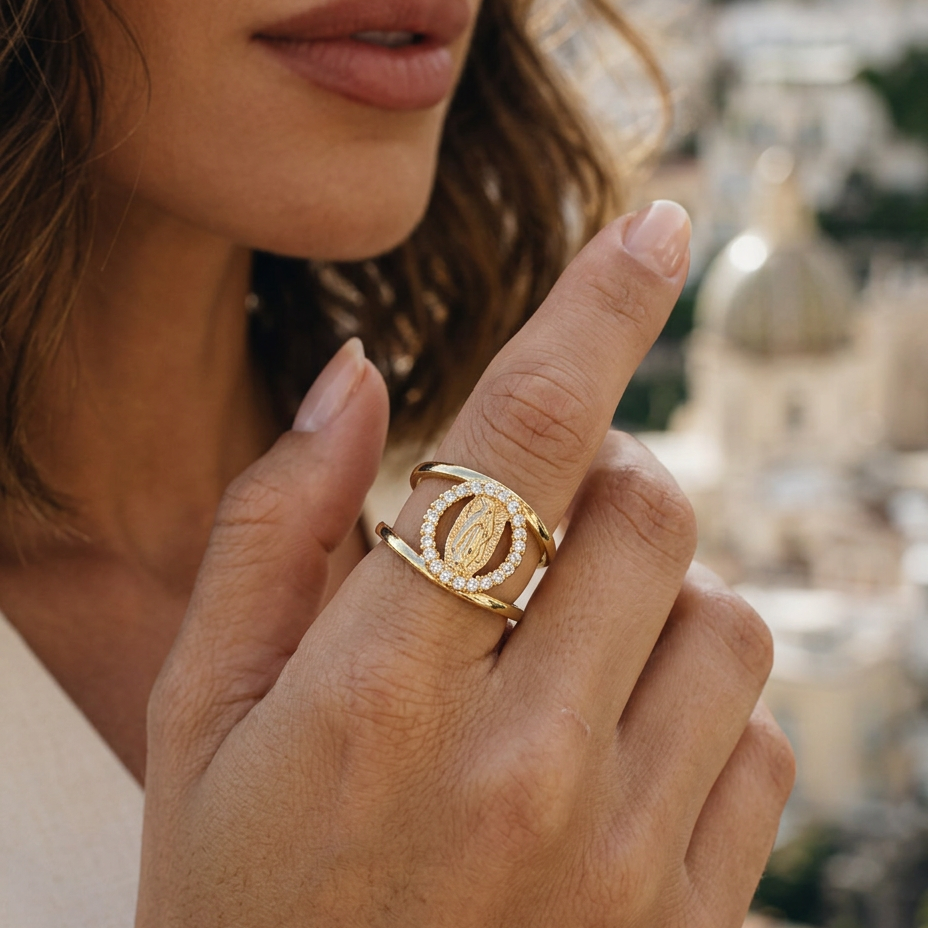 Anello Madonna con Aureola di Cristalli (Placcato in Oro)