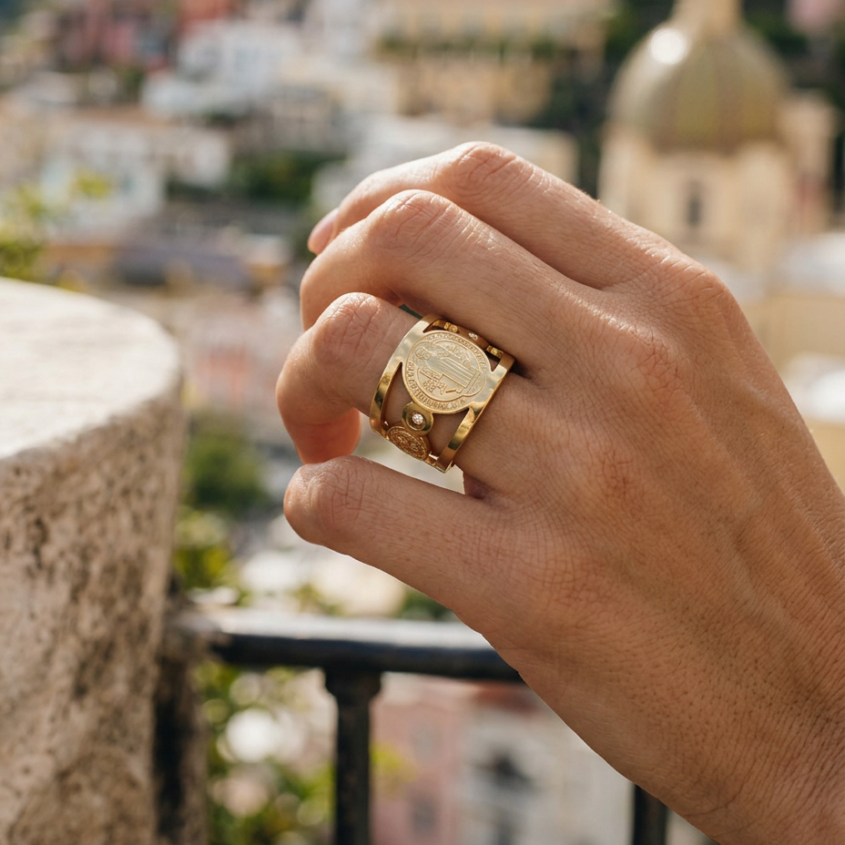 Anello Medaglia di San Benedetto (Placcato in Oro)