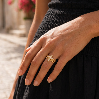 Anello Multifascia a Perline con Croce (Placcato in Oro)