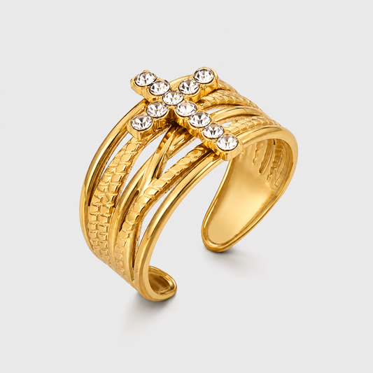 Anello Regolabile a Più Strati con Croce di Cristalli (Placcato in Oro)