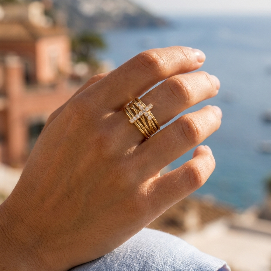 Anello Regolabile a Più Strati con Croce di Cristalli (Placcato in Oro)