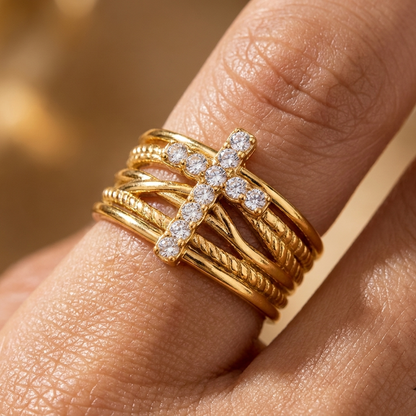 Anello Regolabile a Più Strati con Croce di Cristalli (Placcato in Oro)