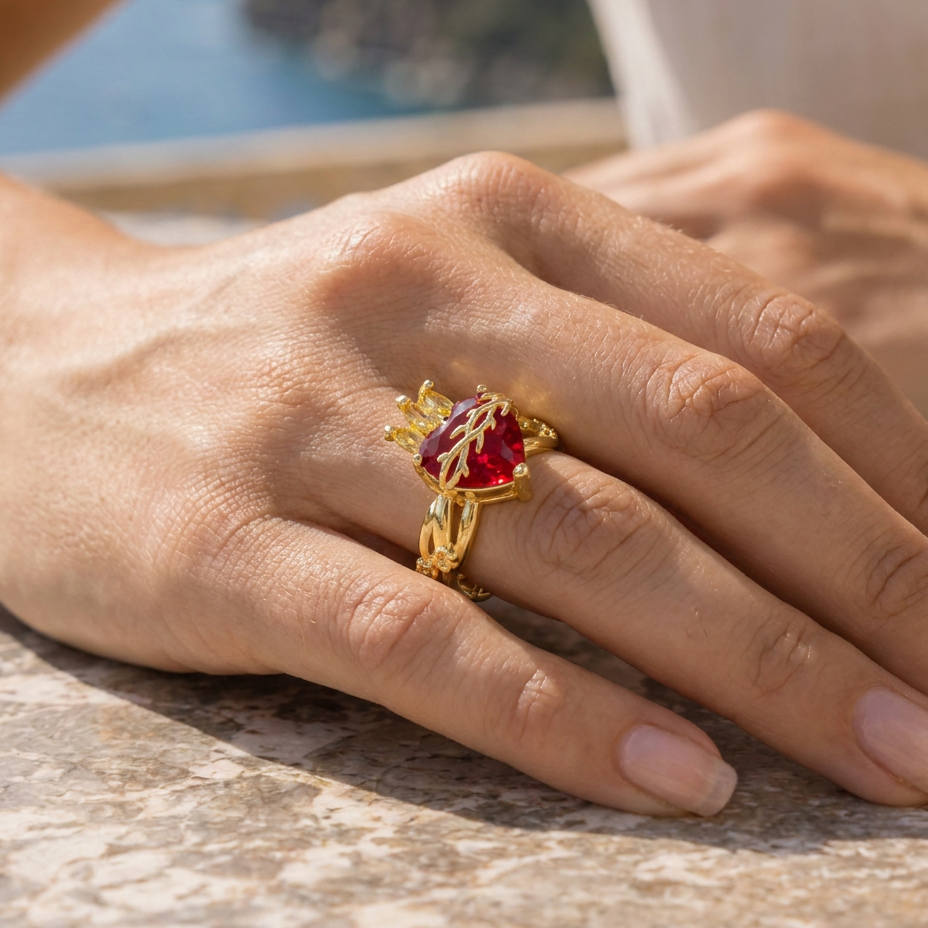 Anello Sacro Cuore di Gesù con Fiamme (Placcato in Oro)