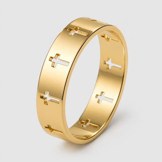Anello a Fascia con Croci Traforate (Placcato in Oro)