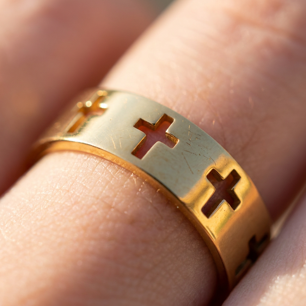 Anello a Fascia con Croci Traforate (Placcato in Oro)