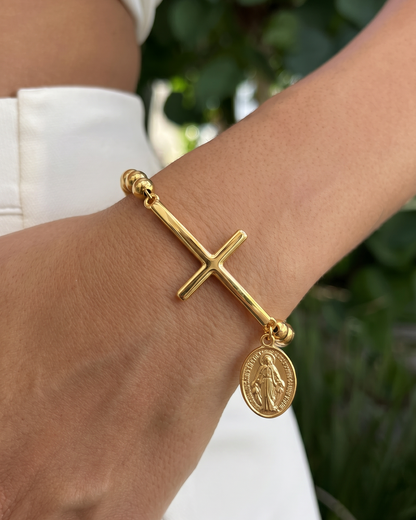 Bracciale Croce Con Medaglia Miracolosa (Placcato In Oro)