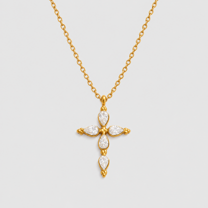 Klassische Kreuz-Halskette mit Tropfenkristallen (18K vergoldet)