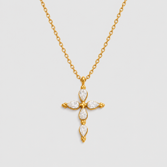 Klassische Kreuz-Halskette mit Tropfenkristallen (18K vergoldet)