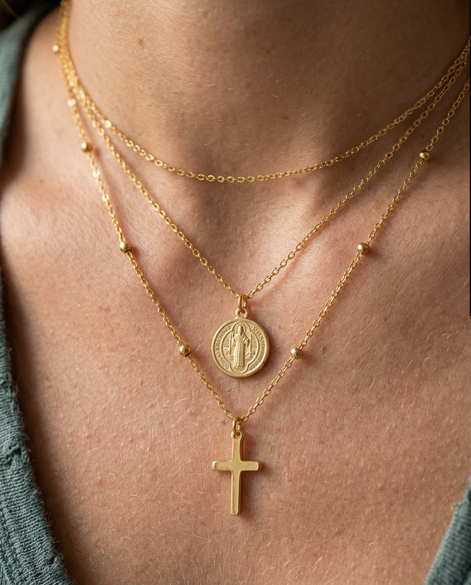 Collana a Tre Fili con Medaglia Della Vergine Maria e Croce (Placcata in Oro)