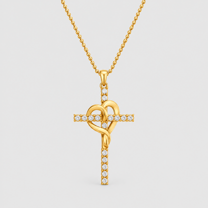Collana Fede con Croce e Cuore Borchiato (Placcata in Oro)