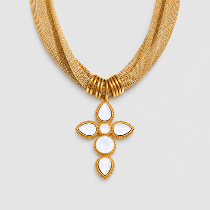 Collana Stile Sciarpa Dorata con Croce di Pietre (Placcata in Oro)