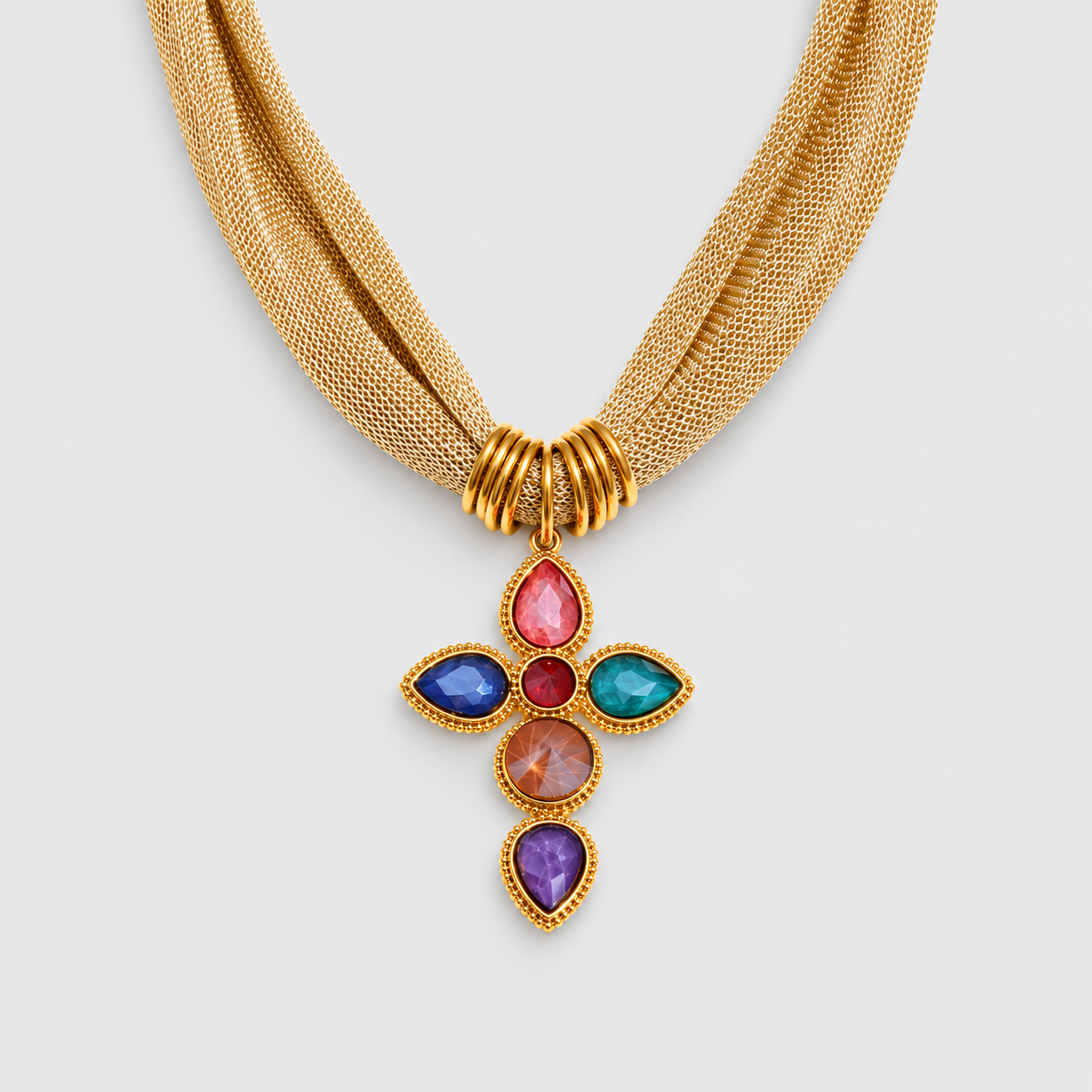 Collana Stile Sciarpa Dorata con Croce di Pietre (Placcata in Oro)