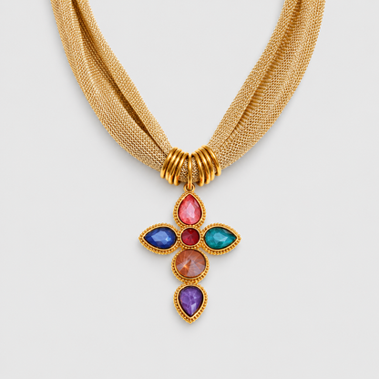 Collana Stile Sciarpa Dorata con Croce di Pietre (Placcata in Oro)