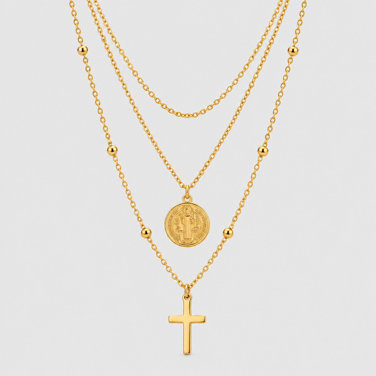 Collana a Tre Fili con Medaglia Della Vergine Maria e Croce (Placcata in Oro)