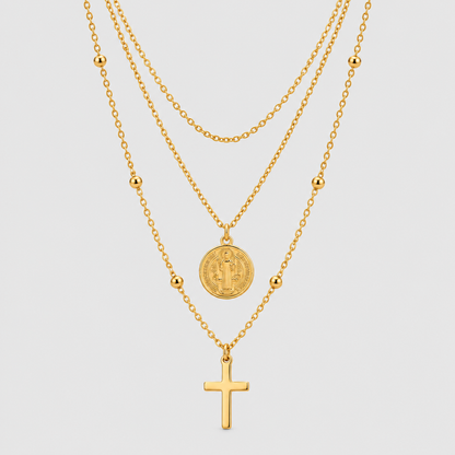 Collana a Tre Fili con Medaglia Della Vergine Maria e Croce (Placcata in Oro)