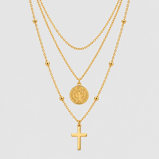 Collana a Tre Fili con Medaglia Della Vergine Maria e Croce (Placcata in Oro)