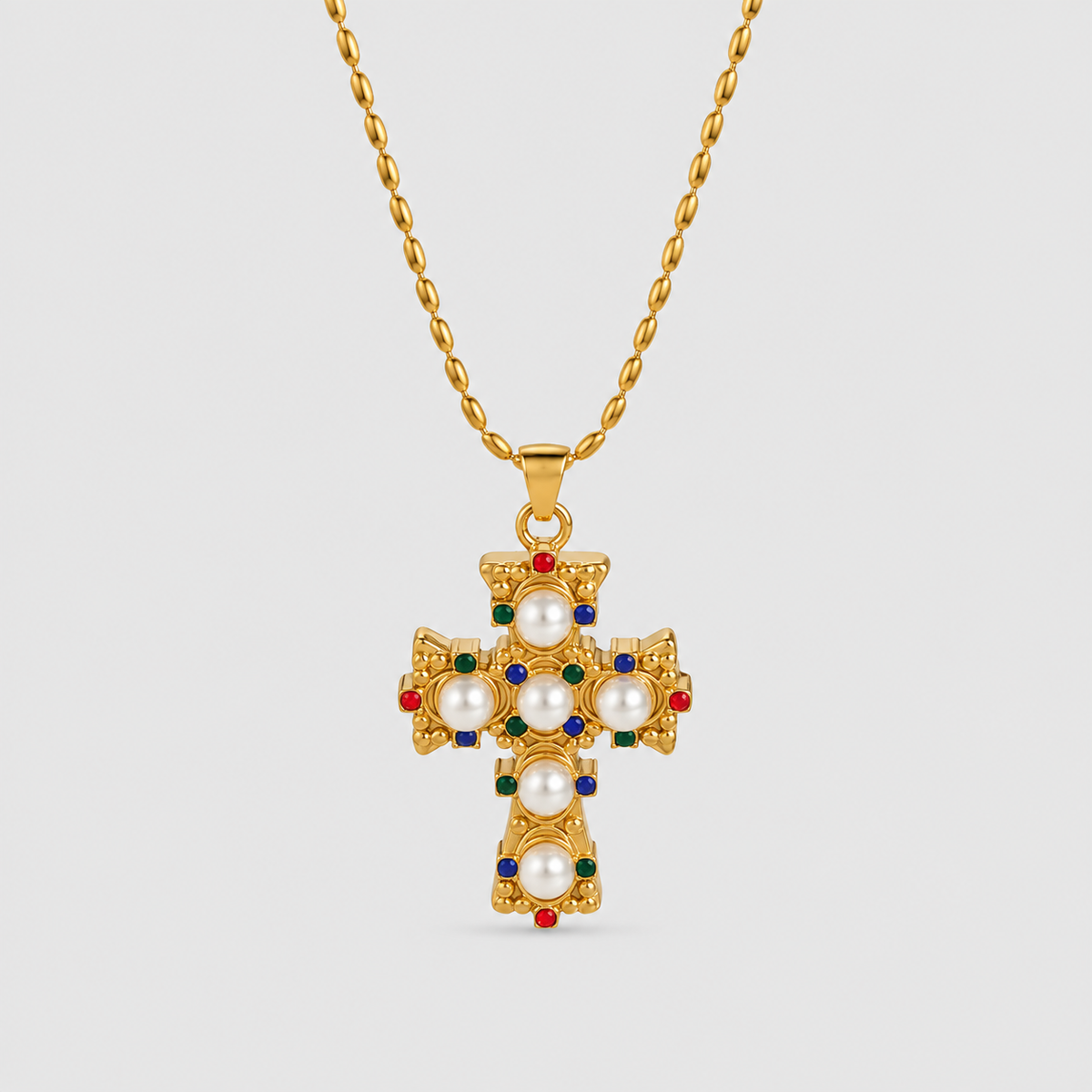 Halskette mit ornamentalem Kreuz mit bunten Brillanten und Perlen (vergoldet)