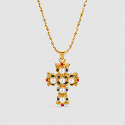 Halskette mit ornamentalem Kreuz mit bunten Brillanten und Perlen (vergoldet)