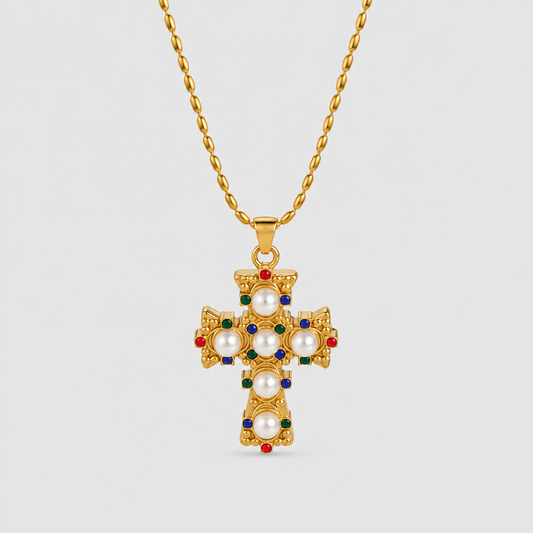 Halskette mit ornamentalem Kreuz mit bunten Brillanten und Perlen (vergoldet)