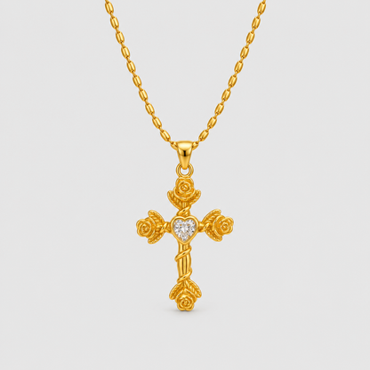 Collana con Croce Rose e Cuore (Placcata in Oro)