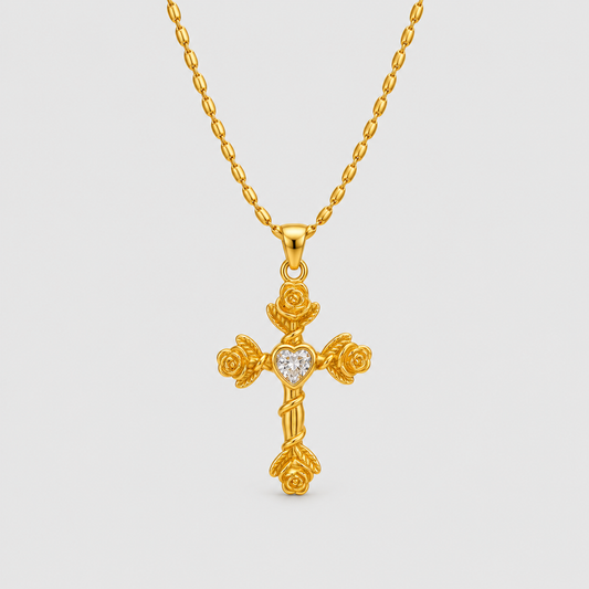 Collana con Croce Rose e Cuore (Placcata in Oro)