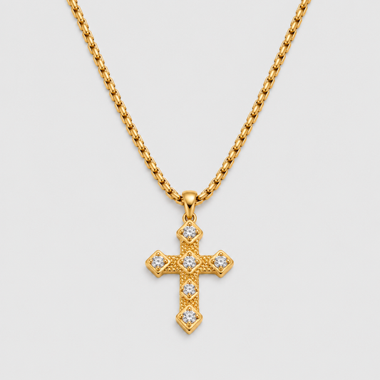 Collana con Croce Testurizzata e Zirconi Incastonati (Placcata in Oro)